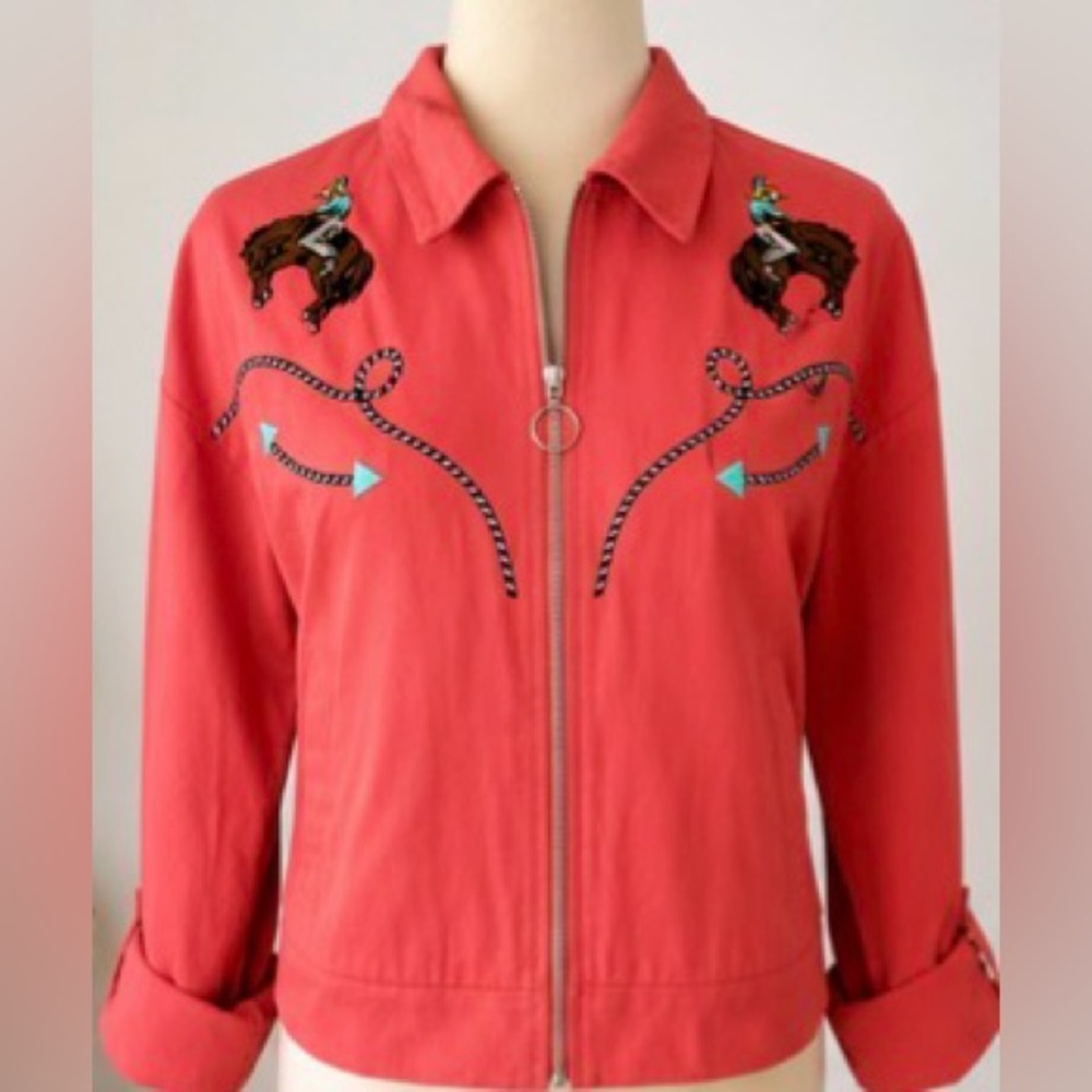 Rock & Roll Denim cropped jacket in a vibrant coral pink color Sz L